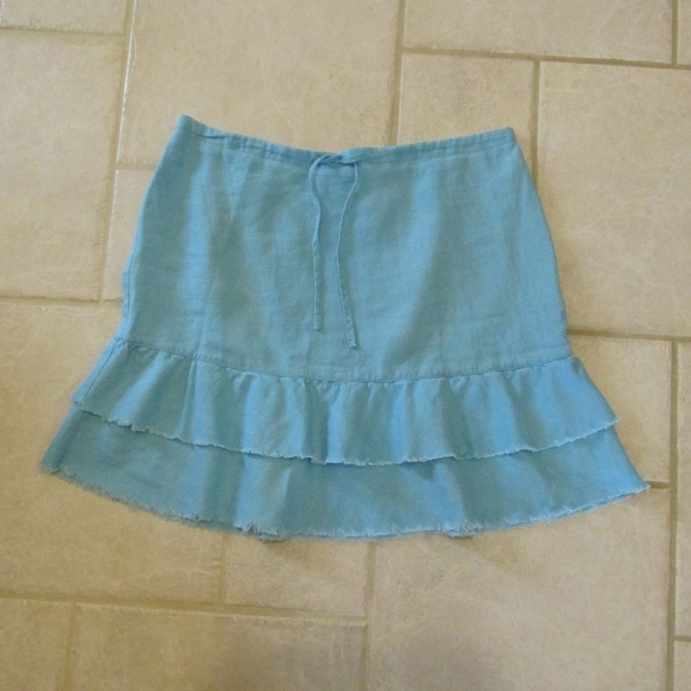 OLD NAVY WOMEN'S SIZE 6 TURQUOISE LINEN SKIRT TIERED RUFFLE DISTRESSED